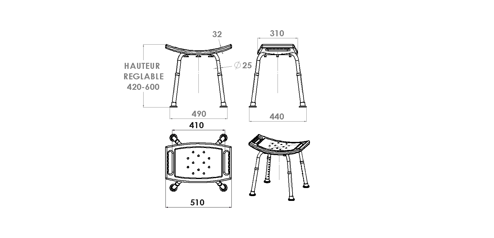 Tabouret de douche réglable Blanc Classic 047670 Belfort 0