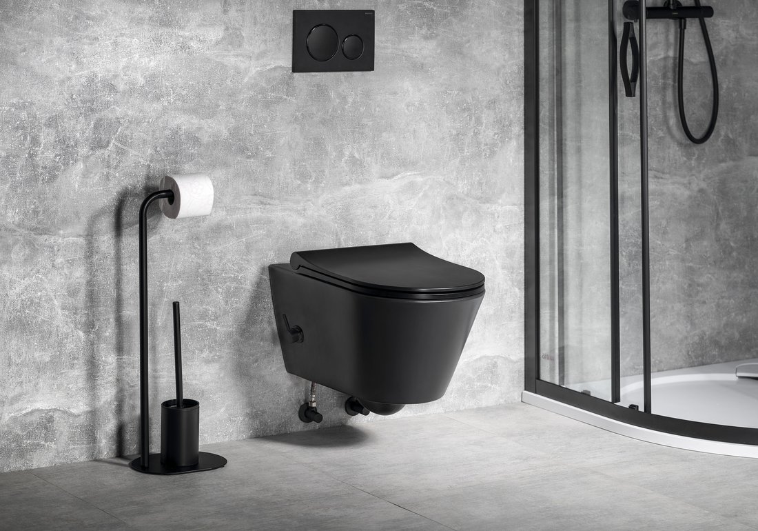 1.3 1 | Vitrine Banyo Toilettes suspendues AVVA CLEANWASH avec robinet et douchette, sans bride, 35,5 x 53 cm, noir mat Illzach 0