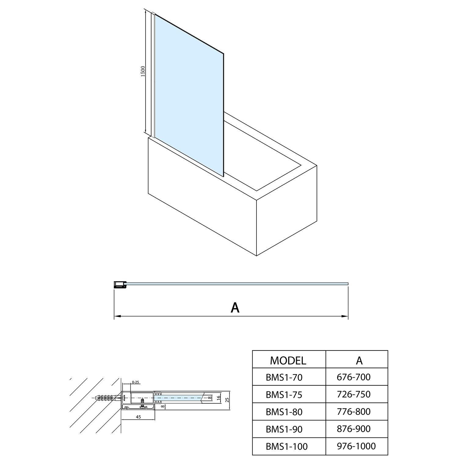 Paroi de douche modulaire 1000x1500mm, verre transparent Wittenheim 0