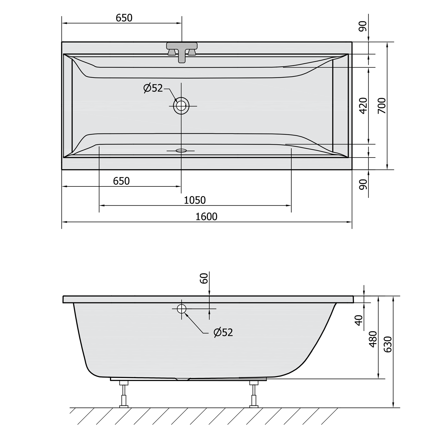 Baignoire rectangulaire CLEO 160x70x48cm, blanche Wittenheim 0