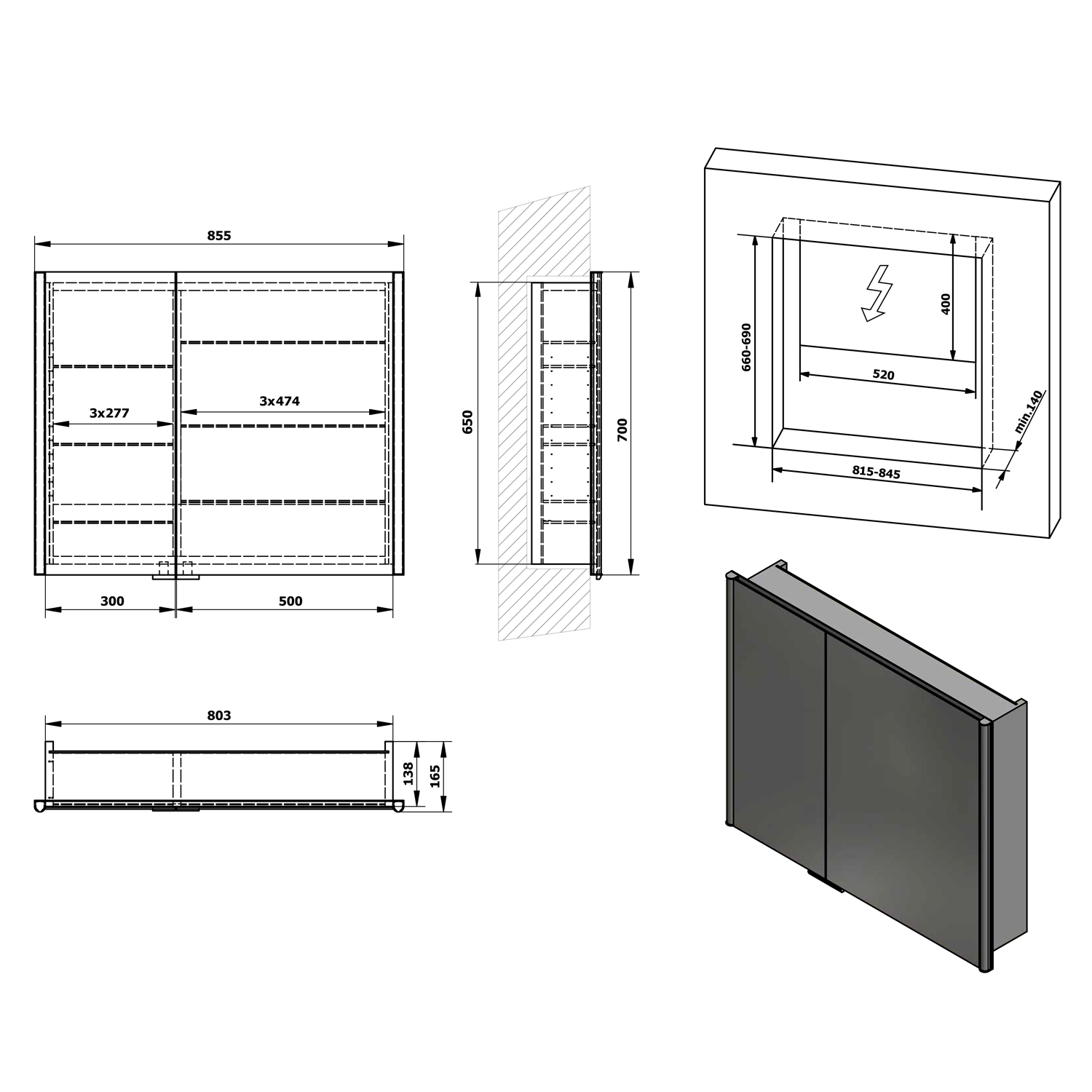 Armoire de toilette encastrée INTEGRA avec éclairage LED, 85x70cm Saint-Louis 0