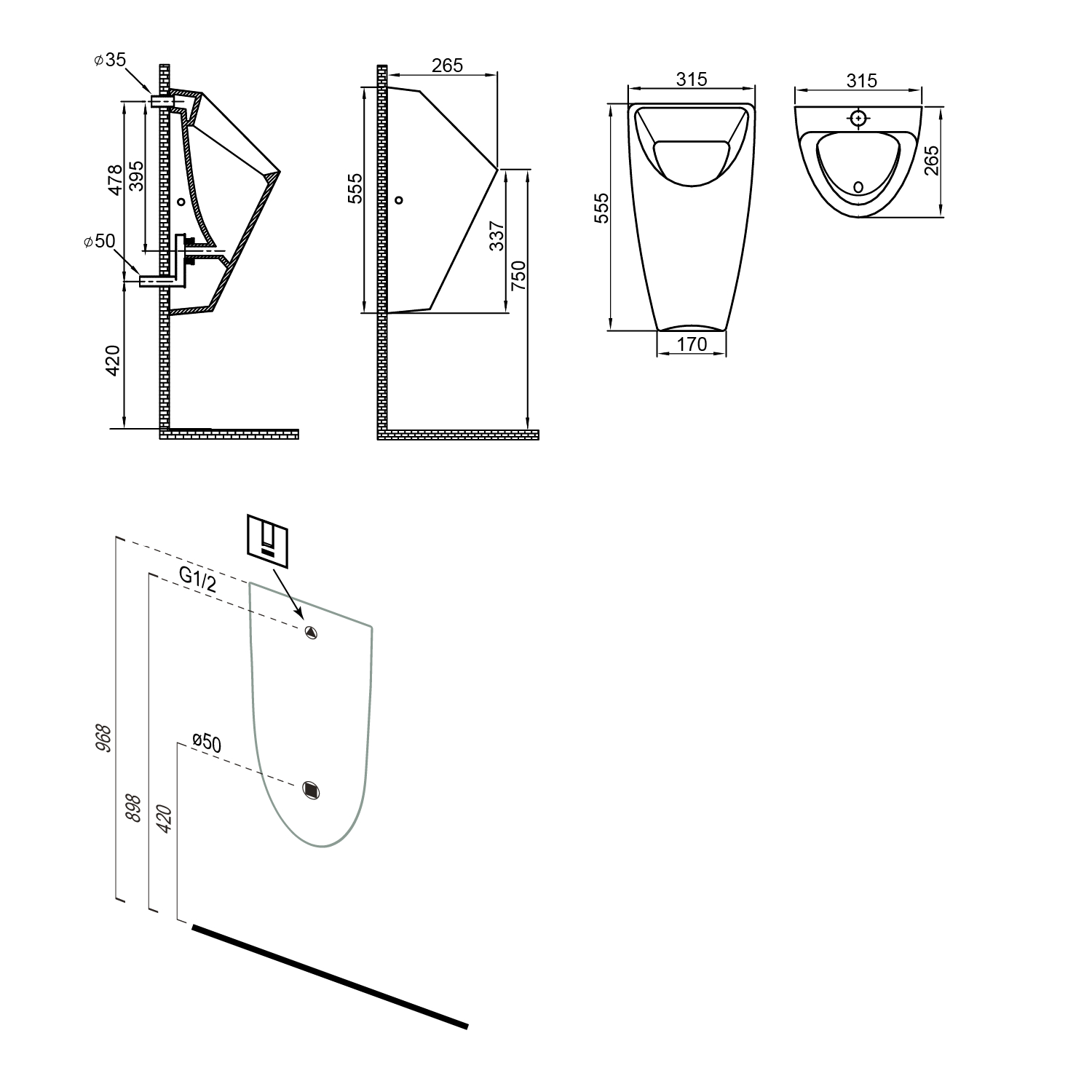 Urinoir en céramique SCHWARN BLACK, arrivée d&#8217;eau par l&#8217;arrière, sortie par le bas, noir mat Mulhouse 0