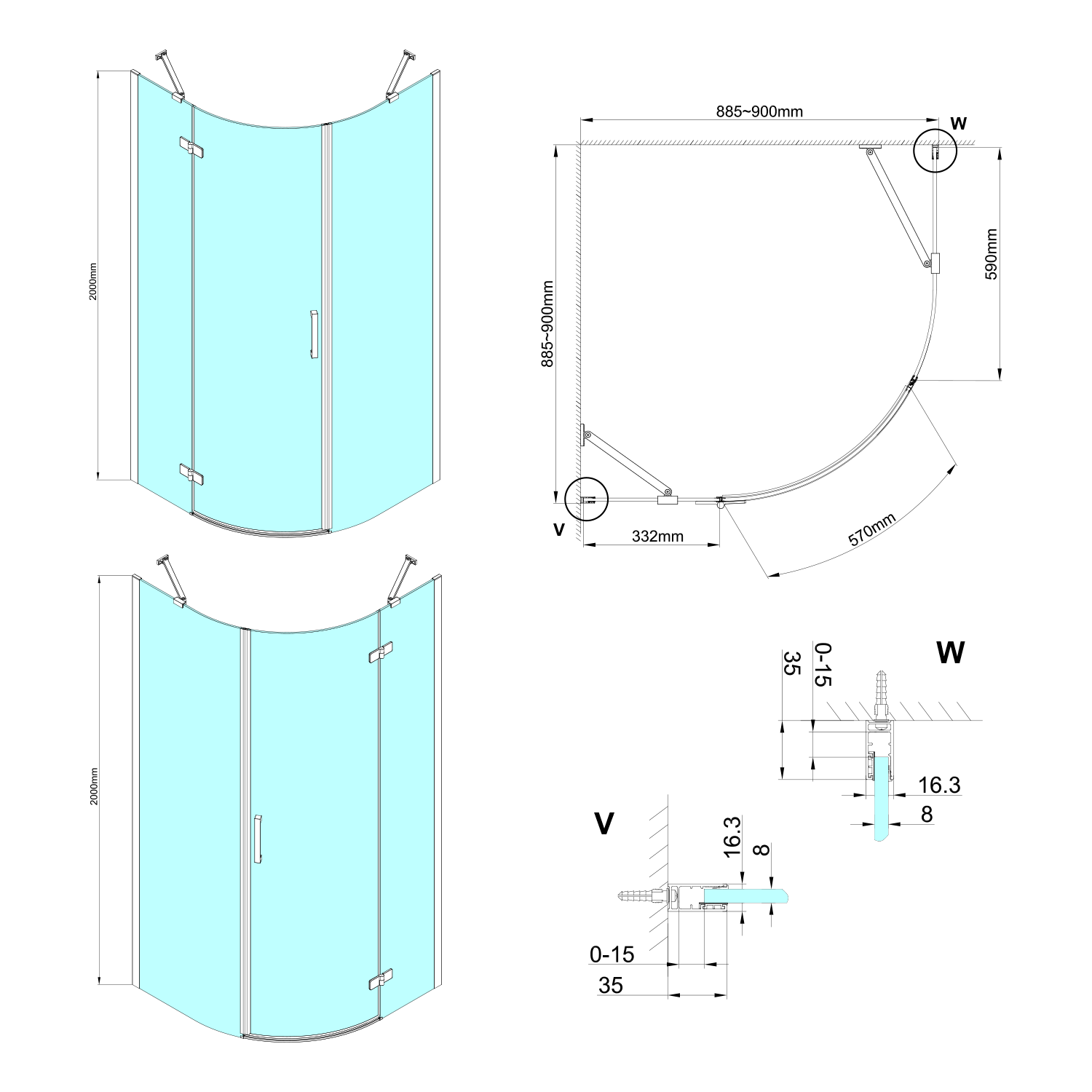 Cabine de douche quadrant TRINITY CHROME 900x900mm, verre mat, droite Audincourt 0