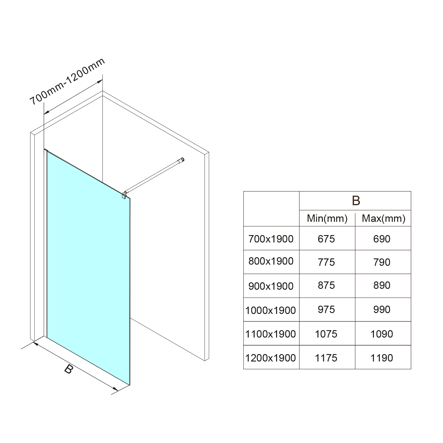 Cabine de douche monobloc WALK-IN en verre avec barre de support, fixation murale, 1200 x 1900 mm, verre transparent Illzach 0