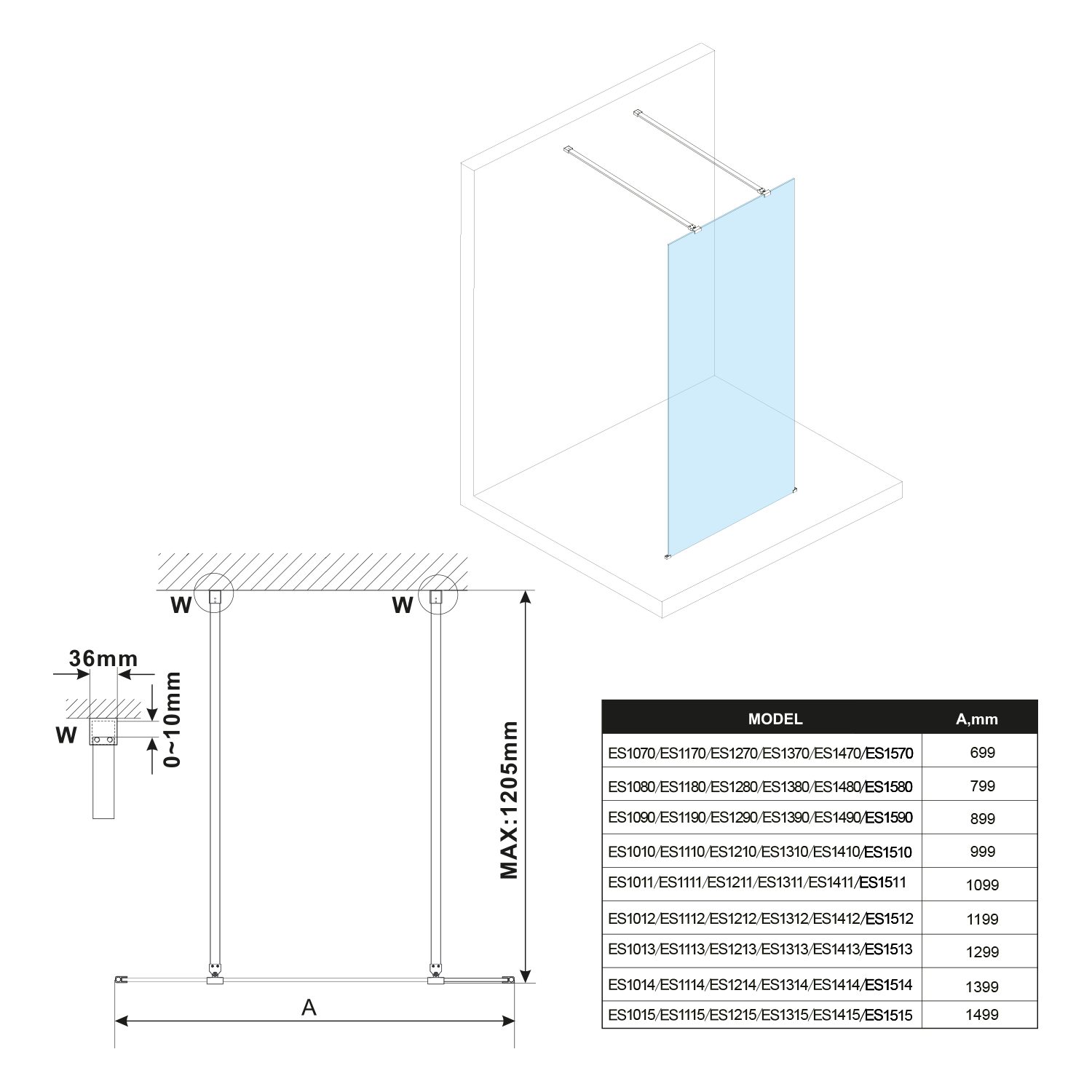 ESCA BLACK MATT Panneau de douche monobloc en verre, autoportant, verre fumé, 1400 mm Belfort 0