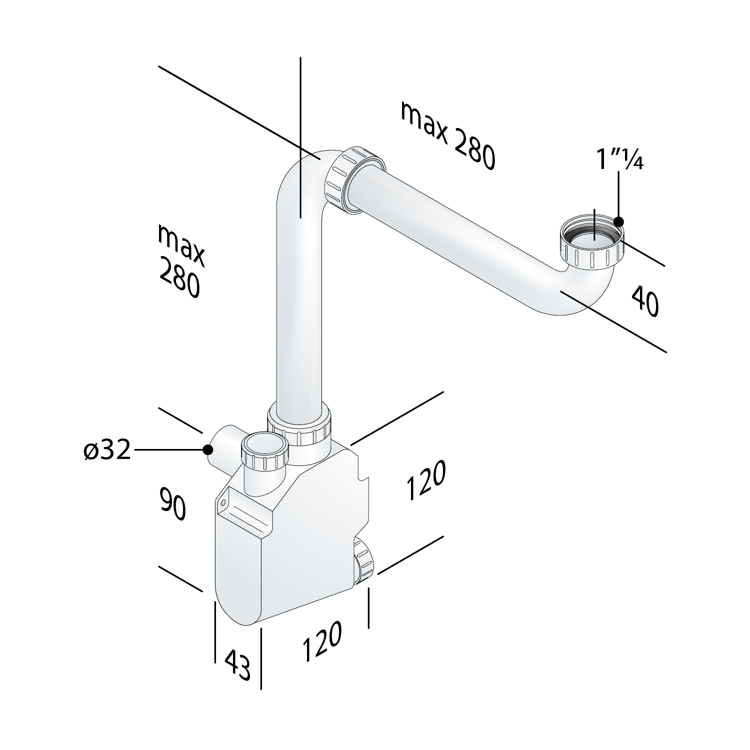 Siphon gain de place pour meuble SQUID, bonde de vidage 5/4&#8243;, 32 mm, blanc Wittenheim 0