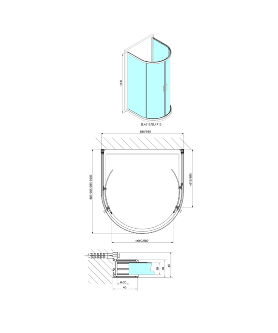 Cabine de douche EASY en D 1000x1000mm, verre transparent Belfort 0