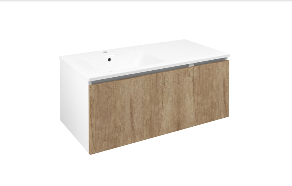 Meuble vasque LOREA 101x46x51,5cm (70+30cm), gauche, chêne Alabama/blanc mat Riedisheim