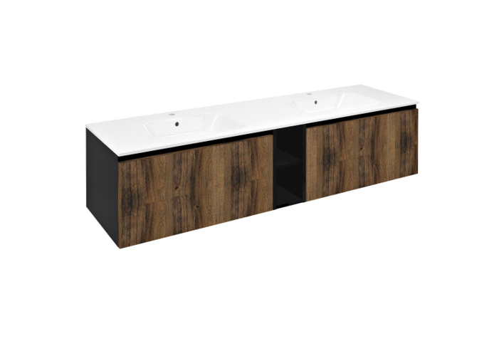 Meuble double vasque LOREA 181x46x51,5cm (80+20+80cm), chêne collingwood/noir mat Valentigney