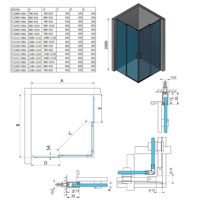 CAPTURE DECRAN 391 | Vitrine Banyo Paroi de douche carrée THRON SQUARE, entrée d’angle, 1 200 x 1 200 mm, roulettes arrondies Illzach 0